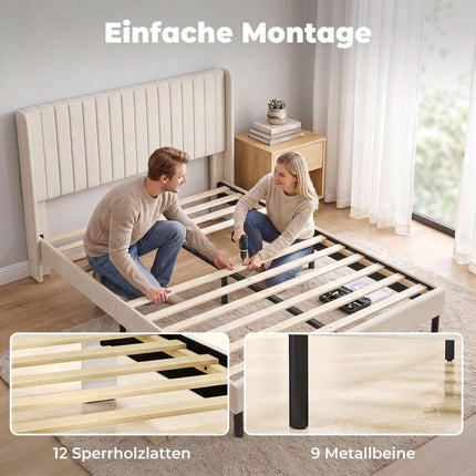 Velvet Bed Frame 140 x 200 cm with Adjustable Headboard, Beige, 12 Plywood Slats