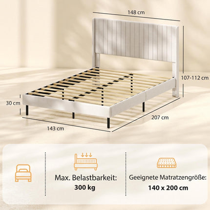 Velvet Bed Frame 140 x 200 cm with Adjustable Headboard, Beige, 12 Plywood Slats
