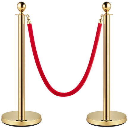 Velvet Rope Stanchion Set, Gold Posts, 5 Ft Red Rope, 4-Pack