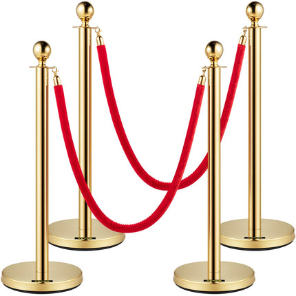 Velvet Rope Stanchion Set, Gold Posts, 5 Ft Red Rope, 4-Pack