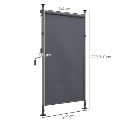 Vertikālas nojumes balkona žalūzija 150 x 220-310 cm ar kloķi, laikapstākļiem izturīgs balkona privātuma ekrāns no poliestera tumši pelēkā krāsā dārzam