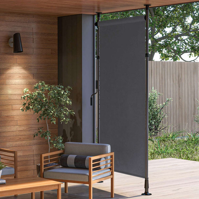 Vertikālas nojumes balkona žalūzija 150 x 220-310 cm ar kloķi, laikapstākļiem izturīgs balkona privātuma ekrāns no poliestera tumši pelēkā krāsā dārzam
