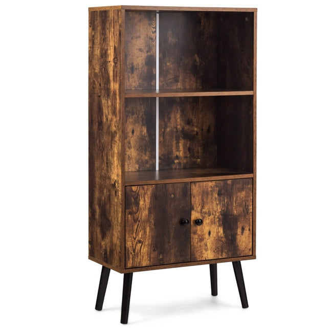 Vintage Bookshelf with 3 Shelves & 2 Doors, Solid Wood Legs