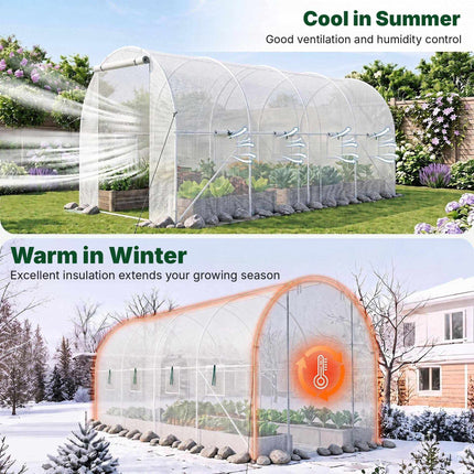Walk-In Tunnel Greenhouse 15 x 7 x 7 ft with 8 Mesh Windows, White, PE Cover