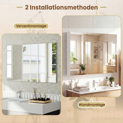 Wall-Mounted Bathroom Mirror Cabinet, 87 cm, 3 Doors, 6 Shelves