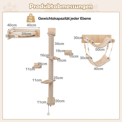 Pie sienas stiprināms kaķu mēbeļu komplekts ar šūpuļtīkliem un gultu