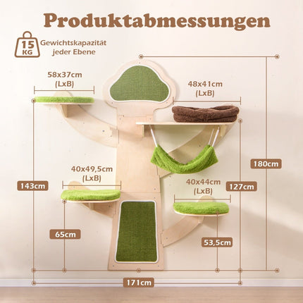 Pie sienas stiprināms kaķu tornis ar šūpuļtīklu un skrāpējamo stabu