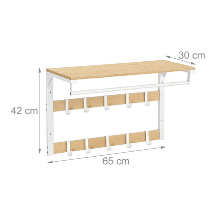 Pie sienas stiprināms mēteļu pakaramais ar plauktu, balts ozols, 65 cm