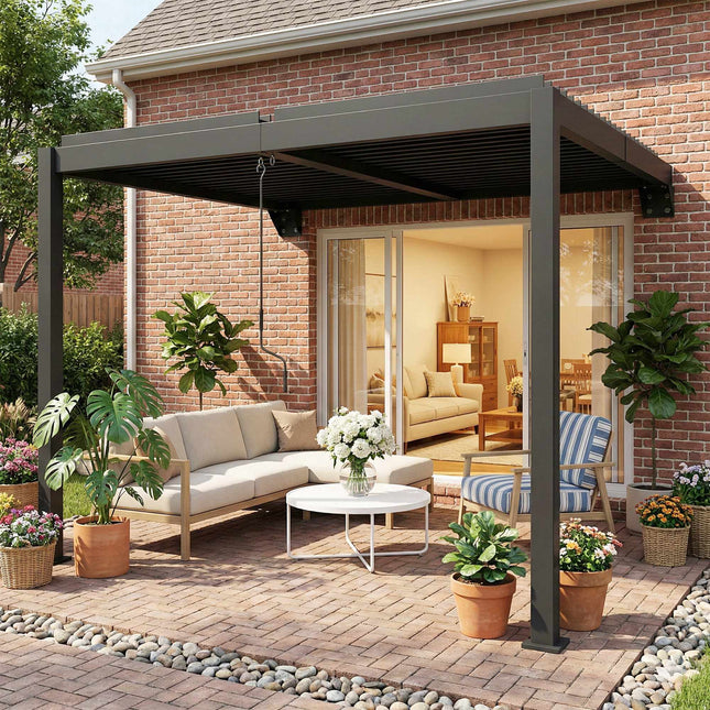 Pie sienas stiprināma pergola ar žalūzijām, 3x3m, regulējams metāla jumts