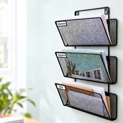 Wall-Mounted Magazine Holder with 3 Tiers, Black Iron, Screws Included