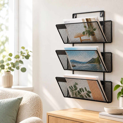 Wall-Mounted Magazine Holder with 3 Tiers, Black Iron, Screws Included
