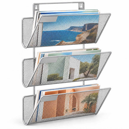 Wall-Mounted Magazine Holder with 3 Tiers, Silver Iron, Screws Included