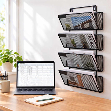 Wall-Mounted Magazine Holder with 4 Tiers, Black Iron, Screws Included