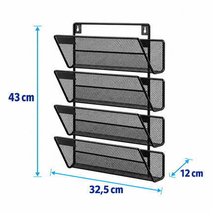 Wall-Mounted Magazine Holder with 4 Tiers, Black Iron, Screws Included
