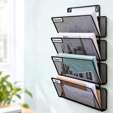 Wall-Mounted Magazine Holder with 4 Tiers, Black Iron, Screws Included