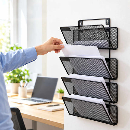 Wall-Mounted Magazine Holder with 4 Tiers, Black Iron, Screws Included