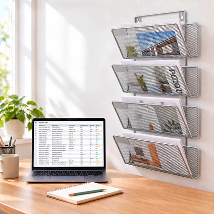 Wall-Mounted Magazine Holder with 4 Tiers, Silver Iron, Screws Included