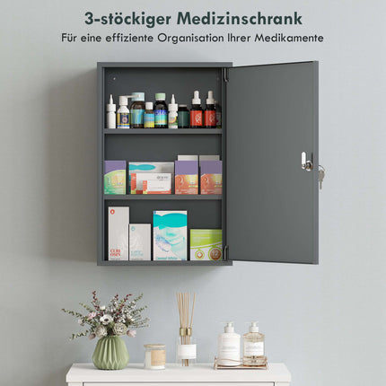 Pie sienas stiprināms medicīnas skapītis, slēdzams, 3 plaukti, pelēks