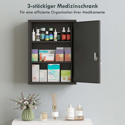 Pie sienas stiprināms tērauda medicīnas skapītis ar slēdzeni, 3 plaukti, melns