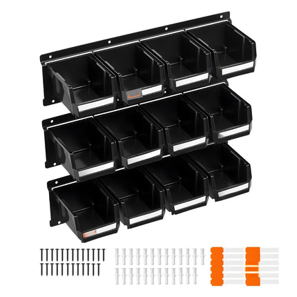 Wall-Mounted Storage Bins Set, 12 Bins, 3 Rails, Black