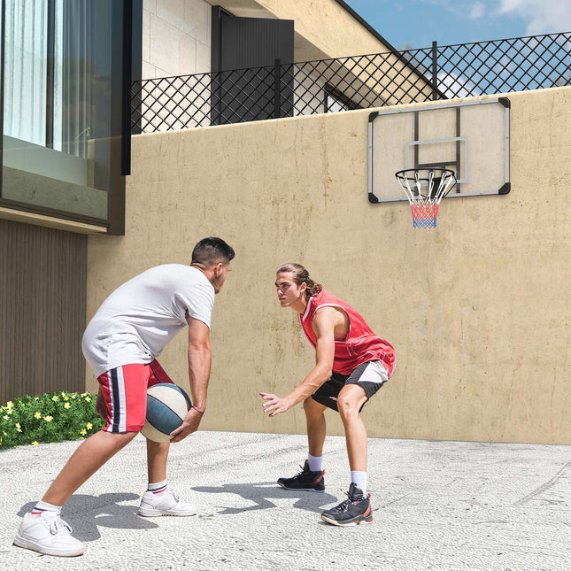 Pie sienas stiprināms basketbola grozs ar basketbola dēli un tīklu 113 x 61 x 73 cm, izgatavots no tērauda, āra aktivitātēm baltā krāsā.