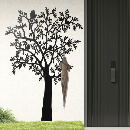 Wall-Mounted Metal Coat Rack with Tree and Bird Design