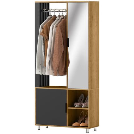 Wardrobe with Mirror, Hanging Rail, Natural Wood, Black