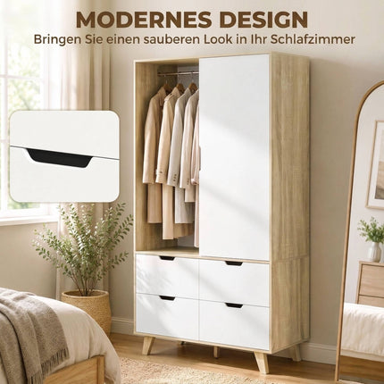 Wardrobe with Sliding Doors, Clothes Rail and 4 Drawers, Oak Look, White