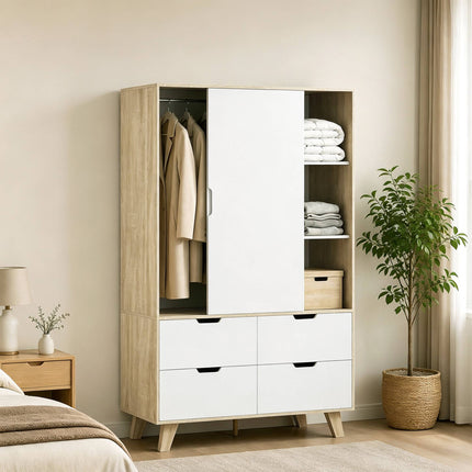 Wardrobe with Sliding Doors, Clothes Rail and 4 Drawers, Oak Look, White