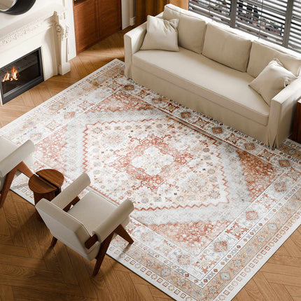 Washable Vintage Area Rug 9x12 Ft, Non-Slip, Brown Red