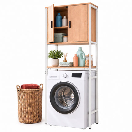 Washing Machine Cabinet with 2 Compartments, 170 cm, Light Wood/White