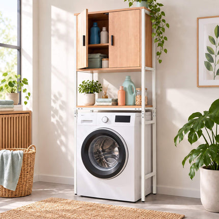 Washing Machine Cabinet with 2 Compartments, 170 cm, Light Wood/White