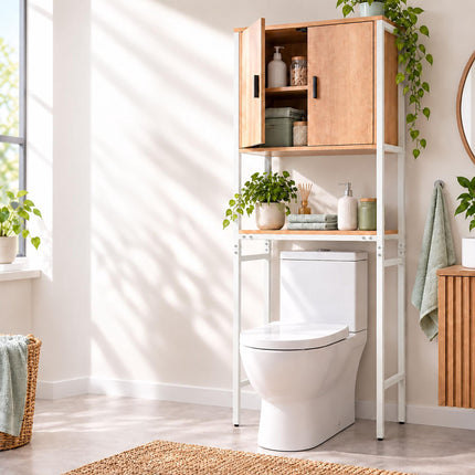 Washing Machine Cabinet with 2 Compartments, 170 cm, Light Wood/White