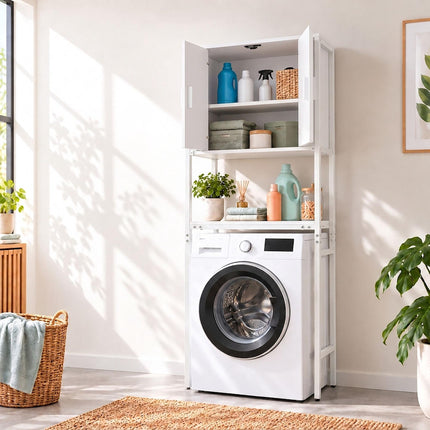 Washing Machine Cabinet with 2 Compartments – White, 170 x 64 x 27 cm
