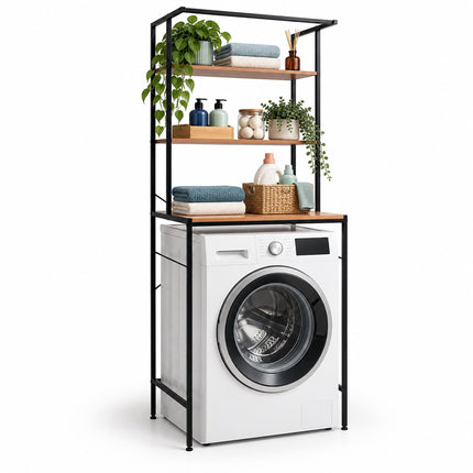 Washing Machine Shelf with 3 Shelves, 161 x 66 x 40 cm, Black, Natural Wood Tone