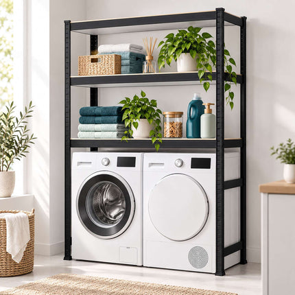 Washing Machine Shelving Unit, Heavy-Duty Steel – Black, Adjustable Shelves