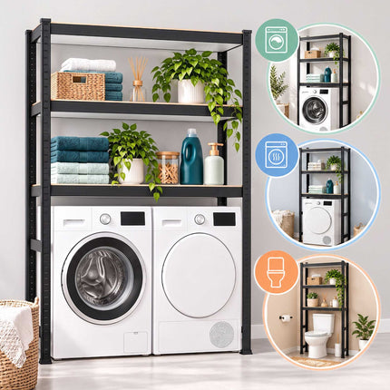 Washing Machine Shelving Unit, Heavy-Duty Steel – Black, Adjustable Shelves