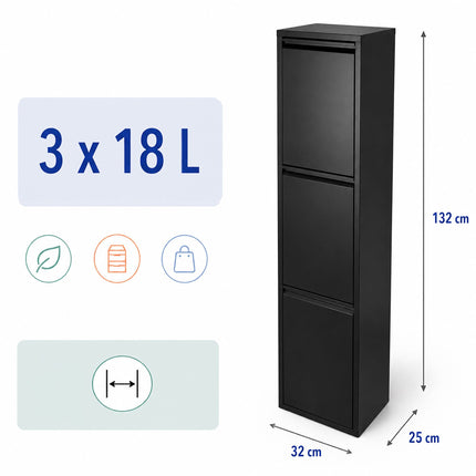 Waste Separation Bin 3 x 18 l with Tilt Function, Black, Wall-Mountable