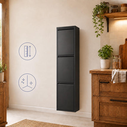 Waste Separation Bin 3 x 18 l with Tilt Function, Black, Wall-Mountable