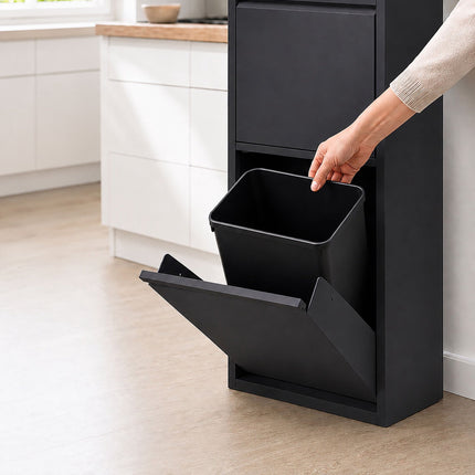Waste Separation Bin 3 x 18 l with Tilt Function, Black, Wall-Mountable