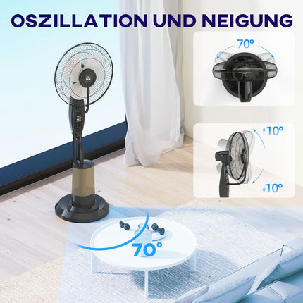 Ūdens dzesēšanas ventilators, pjedestāla ventilators ar miglu, tālvadības pults, taimera funkcija, 3,2 l ūdens tvertne, 3 režīmi, 75 W, oscilējošs ūdens ventilators ar riteņiem, 120 cm |