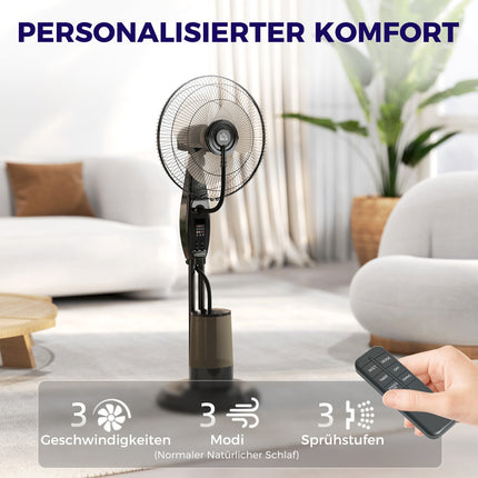 Ūdens dzesēšanas ventilators, pjedestāla ventilators ar miglu, tālvadības pults, taimera funkcija, 3,2 l ūdens tvertne, 3 režīmi, 75 W, oscilējošs ūdens ventilators ar riteņiem, 120 cm |