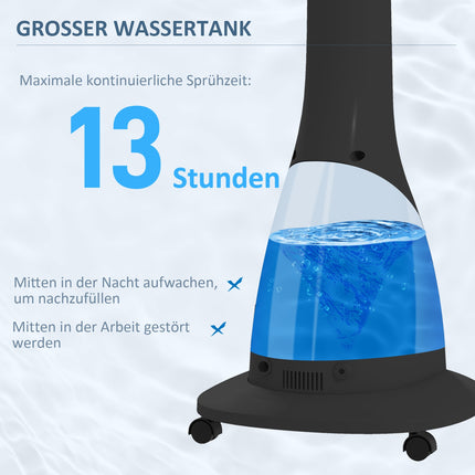 Ūdens dzesēšanas ventilators ar smidzinātāju, tālvadības pults, taimeris, svārstās, 3 līmeņi, 3 litru ūdens tvertne, 90 W, ūdens ventilators ar riteņiem, 125 cm