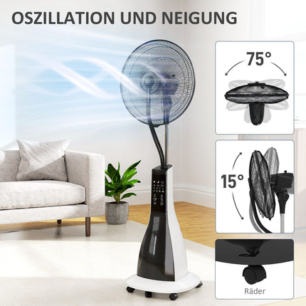 Ūdens dzesēšanas ventilators ar smidzinātāju, tālvadības pults, taimeris, svārstās, 3 līmeņi, 3 litru ūdens tvertne, 90 W, ūdens ventilators ar riteņiem, 125 cm