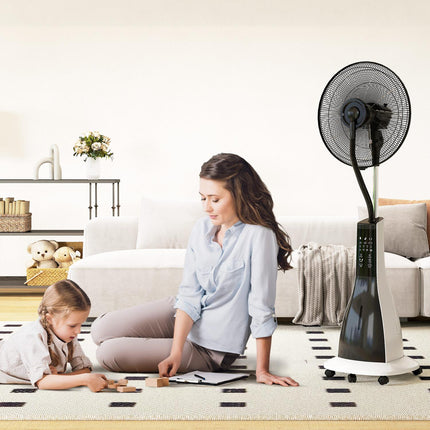 Ūdens dzesēšanas ventilators ar smidzinātāju, tālvadības pults, taimeris, svārstās, 3 līmeņi, 3 litru ūdens tvertne, 90 W, ūdens ventilators ar riteņiem, 125 cm