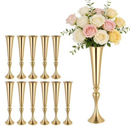 Wedding Trumpet Vases, 12-Pack 55 cm, Gold Steel