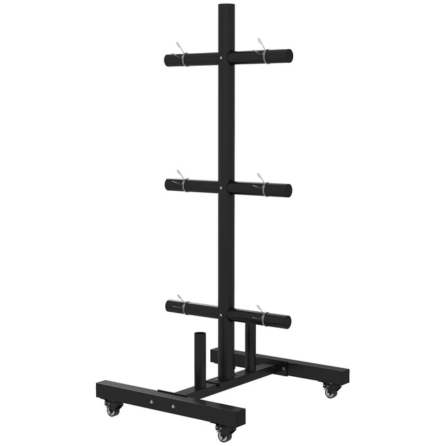 Svaru plākšņu statīvs, svaru statīvs ar riteņiem un 6 stieņiem, 50 mm disku turētājs, līdz 200 kg, tērauds, melns