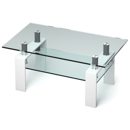 Balts stikla kafijas galdiņš ar plauktu – 99 x 60 x 44,5 cm