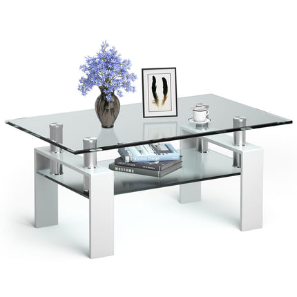 Balts stikla kafijas galdiņš ar plauktu – 99 x 60 x 44,5 cm