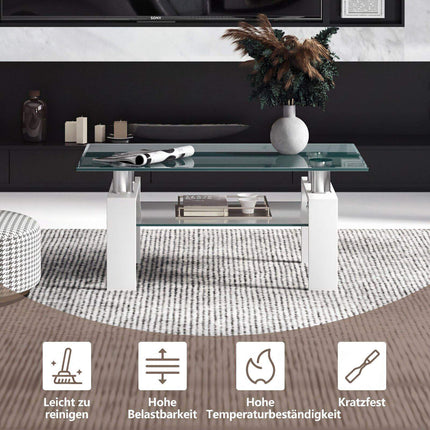 Balts stikla kafijas galdiņš ar plauktu – 99 x 60 x 44,5 cm